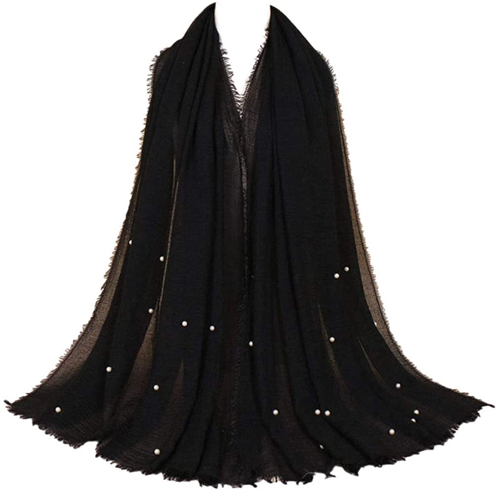 Crinkle Cotton Hijab with Pearl- Black